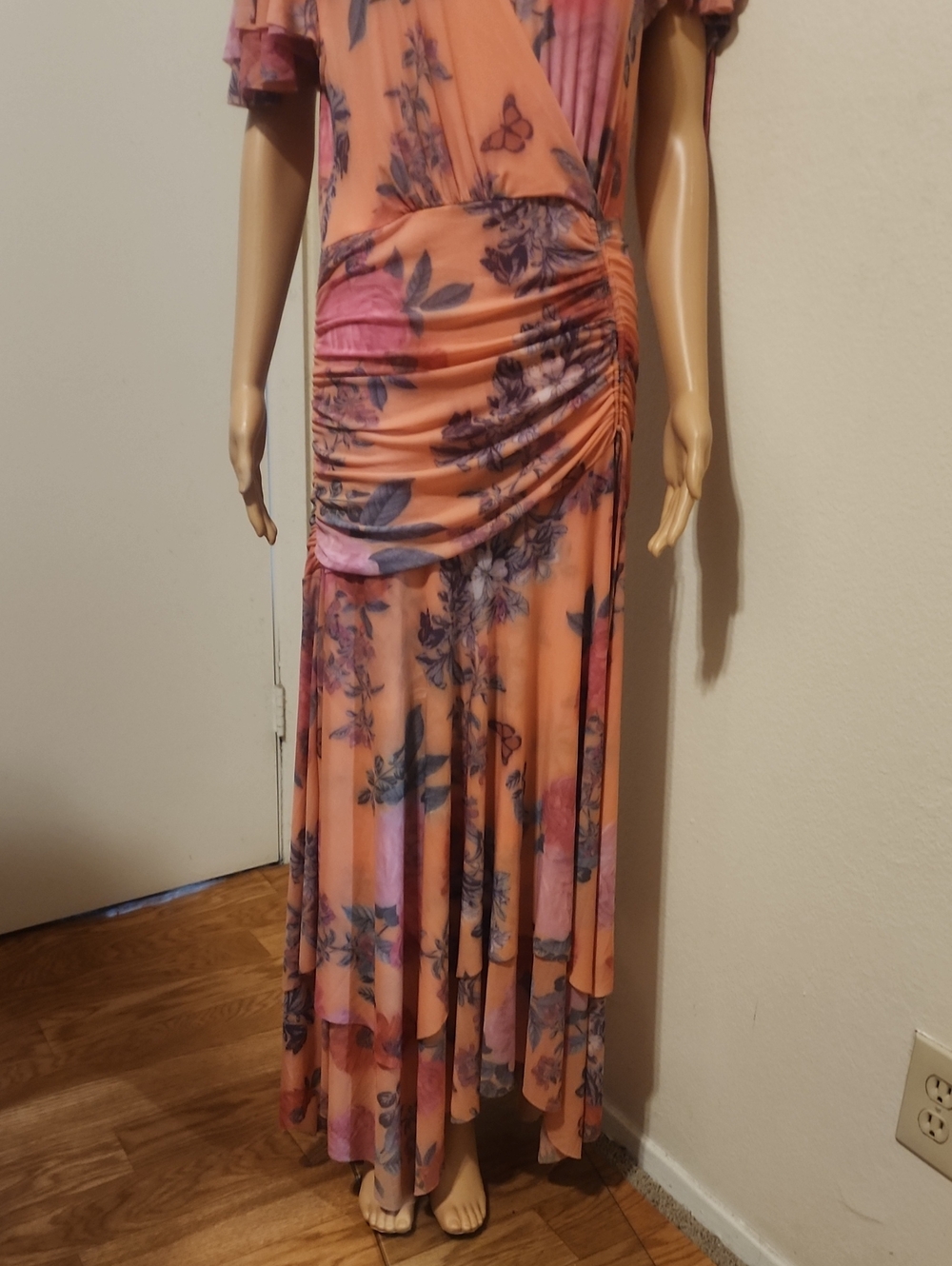 Maeve Anthropologie Peach Floral Wrap-Style Maxi Dress - Picture 4 of 9